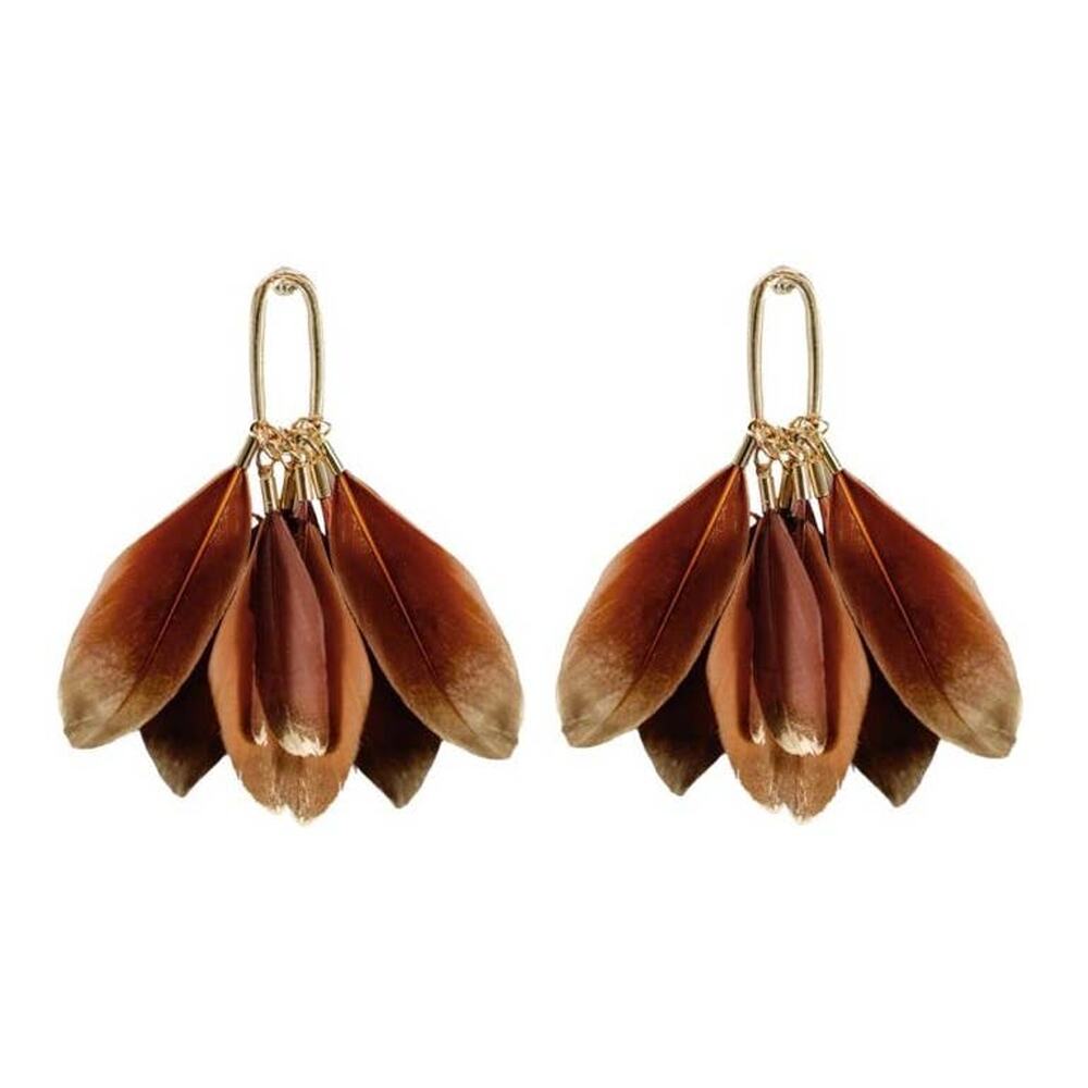 Caramel Gold Dipped Fall Feathers Statement Earrings new